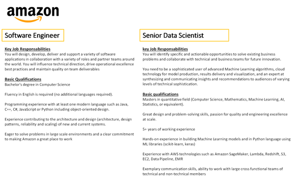 Extract of Software Engineer (Junior) vs Data Scientist (Senior) job descriptions at Amazon